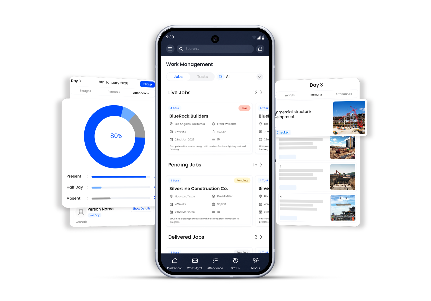 construction work management mobile app dashboard