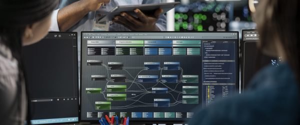 Close up of data center programmers using PC to visualize artificial intelligence neural networks. Server farm IT experts looking at monitor, working together to oversee AI systems