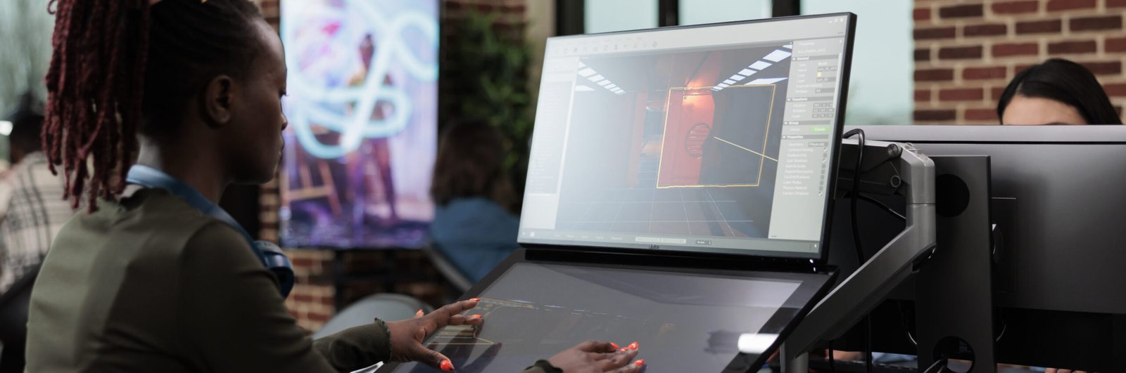 Creative agency production department team leader developing professional game technology. 3D digital artist sitting at computer desk while working on environmental design.